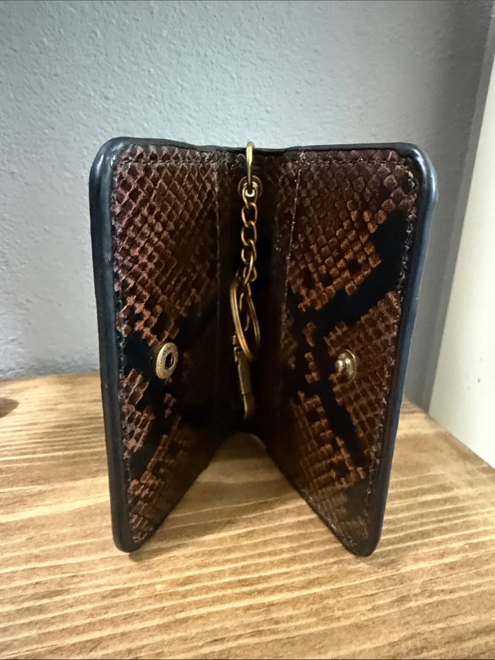 Steve Madden Brown Snake-Print Card Holder with Gold Keychain